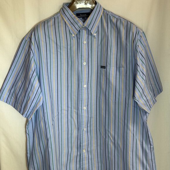 Faconnable Men's Button Down Striped Short Sleeve Shirt w/ Pocket -Blue - XL-New - Picture 1 of 6